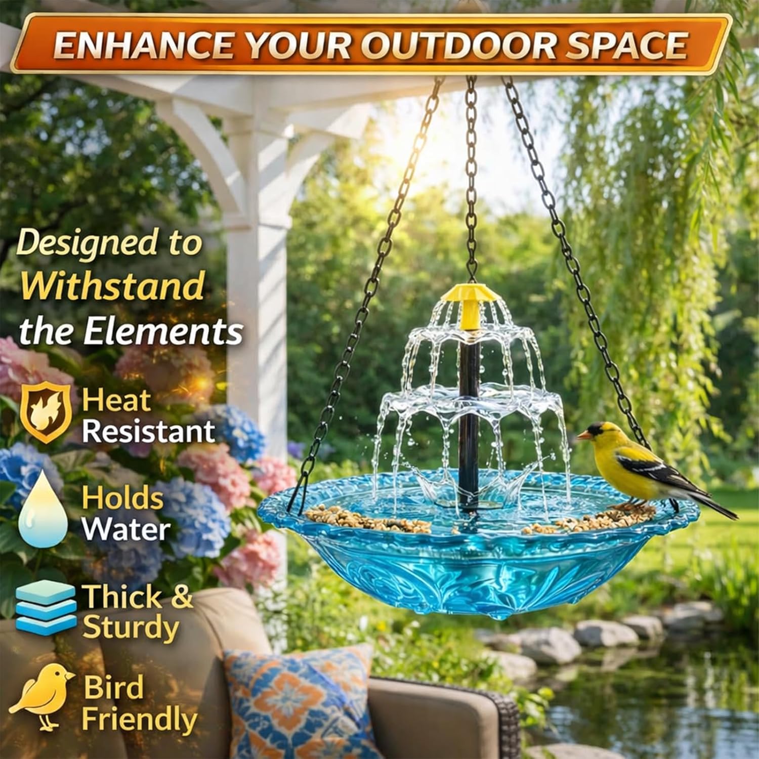 Solar Cascade Hanging BirdBath Fountain